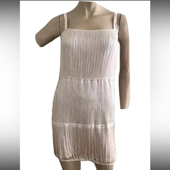 H&M FLAPPER FRINGE RETRO ART DECO 1920'S White Lined DRESS Women’s Size L - Picture 1 of 8